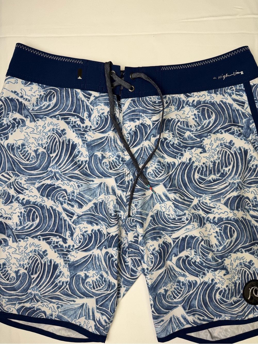 Quiksilver Blue and White Wave-Print Board Shorts 33 waist